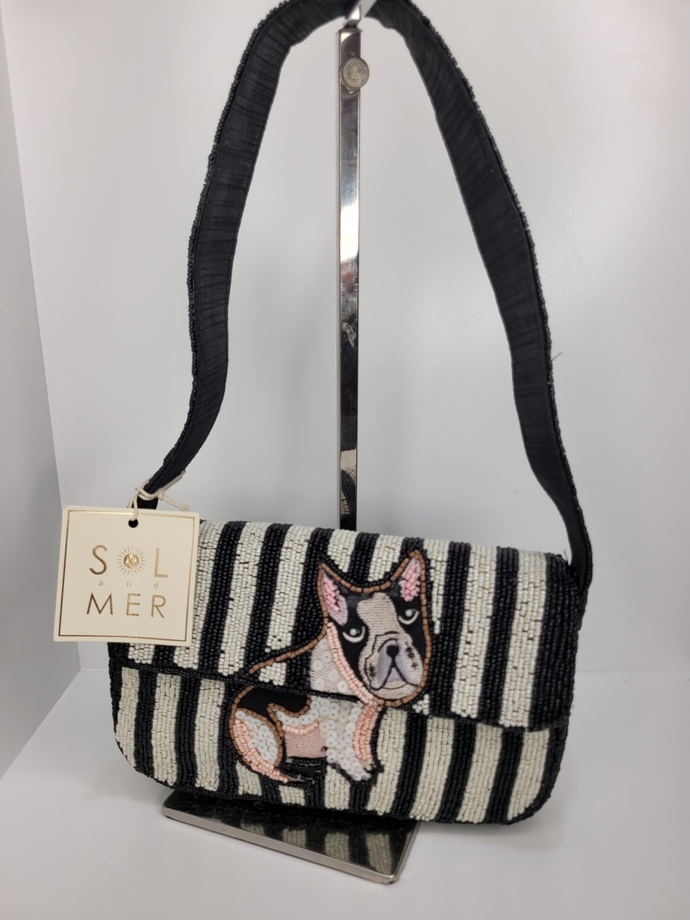 👉✨️ Sol & Mer Black and White Beaded Frenchie Dog Shoulder Bag